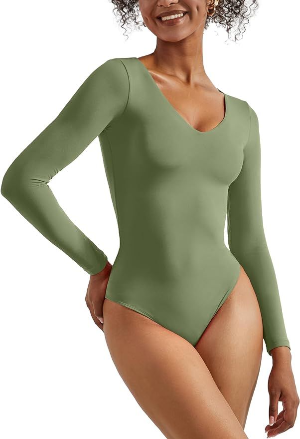 SUUKSESS Women V Neck Long Sleeve Bodysuit Sexy Thong Bodysuit Shirts | Amazon (US)