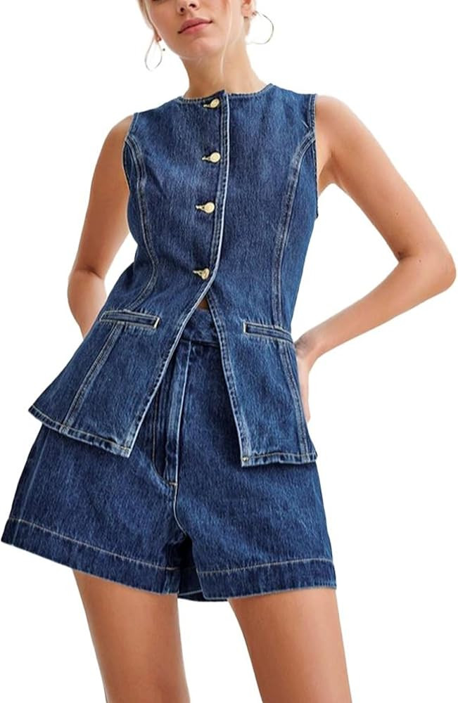 Denim Sets for Women 2 Piece Waistcoat Old Money Button Down Vest and Shorts Y2k Blazer Shorts El... | Amazon (US)