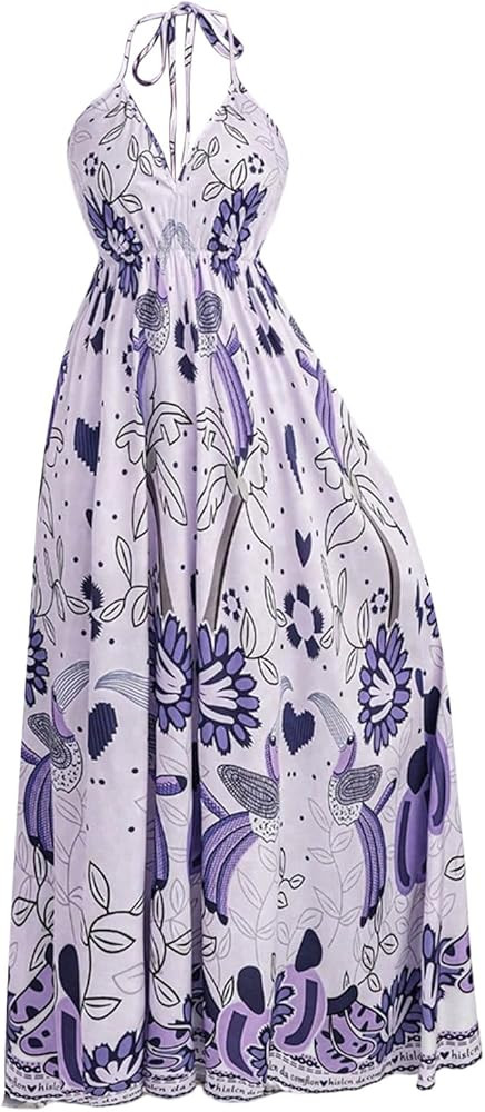 Floerns Women's Floral Halter Boho Maxi Dress Sleeveless Smocked Vintage Flowy Beach Dress | Amazon (US)
