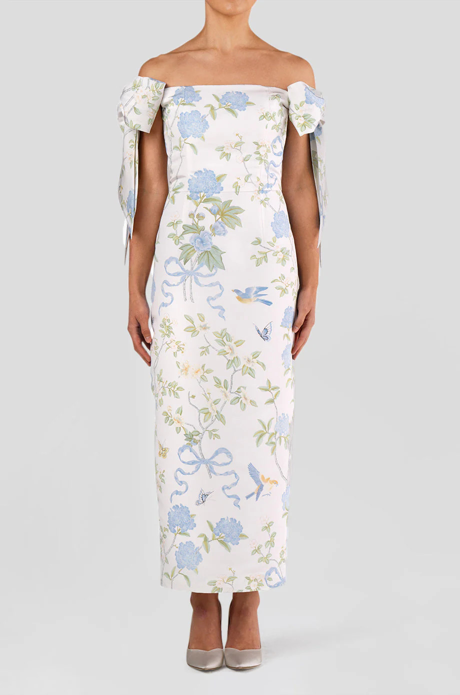 Isabella Beheld Butterfly Floral Silk Faille Midi Dress in Bridal White | Over The Moon