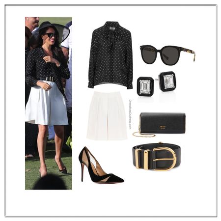 Meghan Markle summer polo in Celine polka dot blouse, Khaite shorts, Valentino sunglasses, Aquazzura savoy heels 