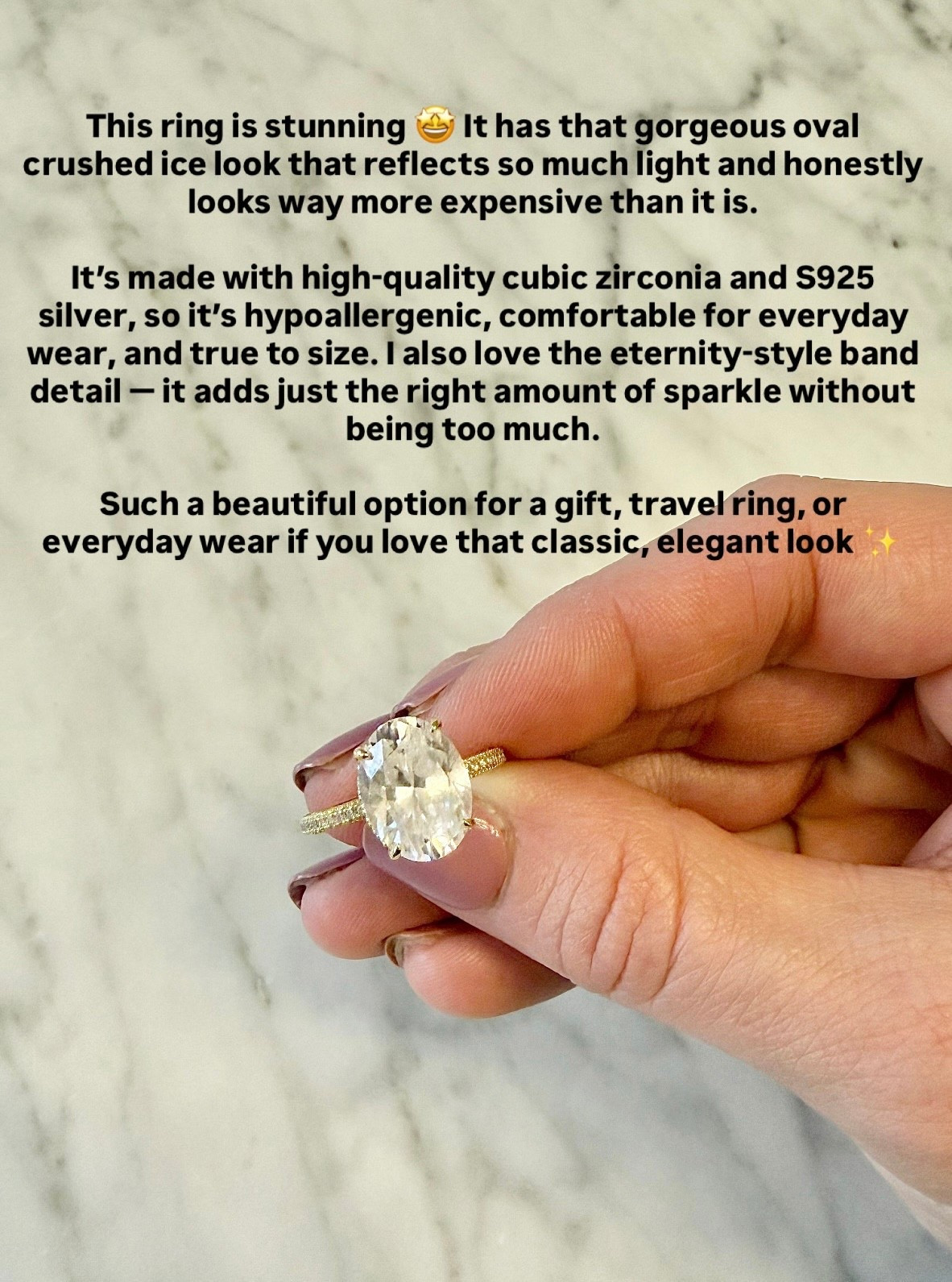 Looking for a beautiful, affordable engagement-style ring? This oval crushed ice ring features high-quality cubic zirconia that gives off a stunning sparkle and a realistic diamond look.

Made with S925 silver, it’s hypoallergenic, comfortable for everyday wear, and true to size. The eternity-style band adds extra elegance, making it perfect for a gift, travel ring, or everyday jewelry piece.

Save this for affordable jewelry finds, engagement ring alternatives, and elegant everyday accessories ✨

#affordablejewelry #engagementring #cubiczirconia #jewelryfinds #styleinspo