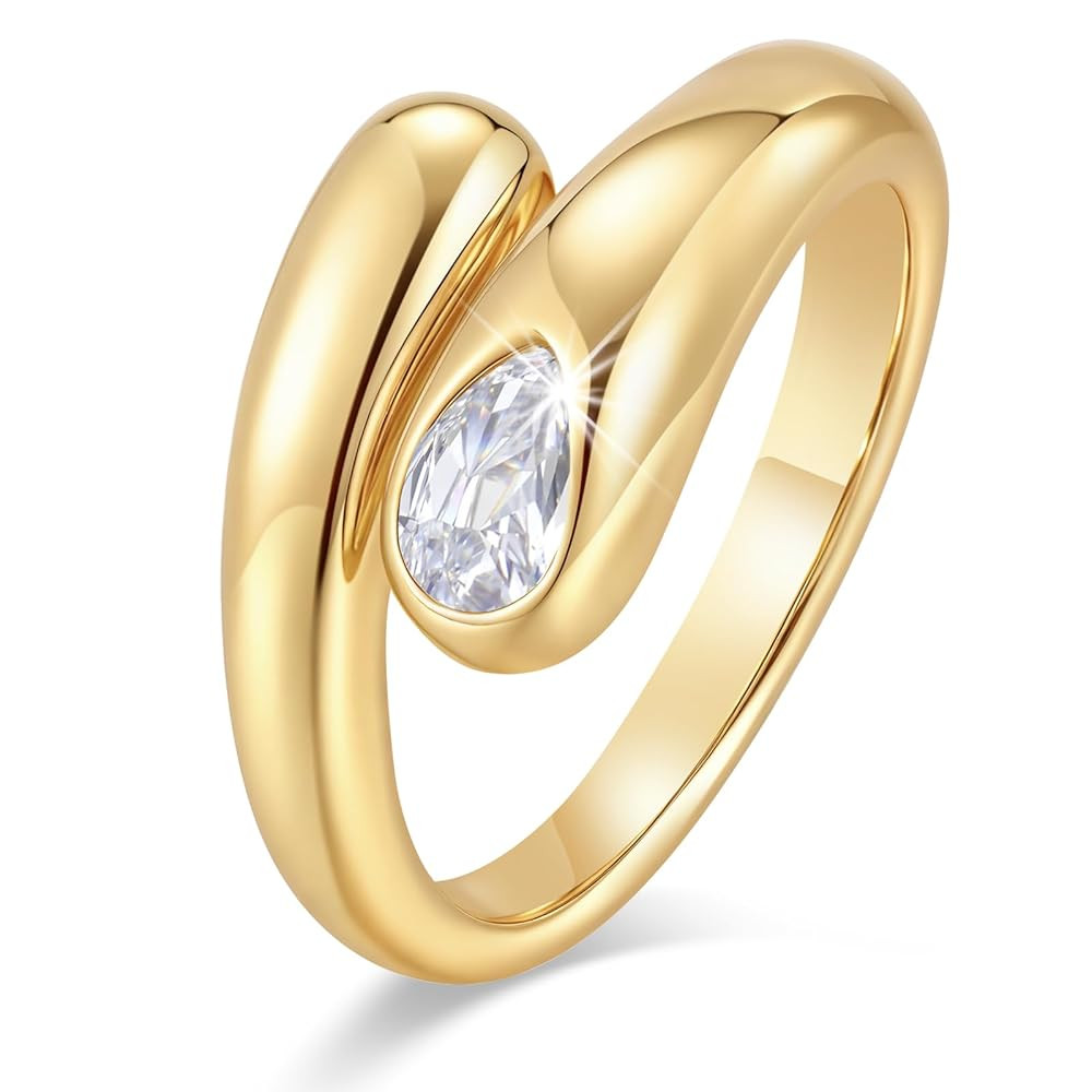 Gold Chunky Ring for Women - 14k Gold Plated Adjustable Open Statement Rings Teardrop Cubic Zirco... | Amazon (US)