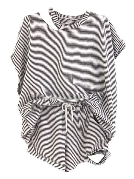 'Arya' Striped Distressed Short Sleeves T-Shirt and Shorts PJ Set (3 Colors) | Goodnight Macaroon