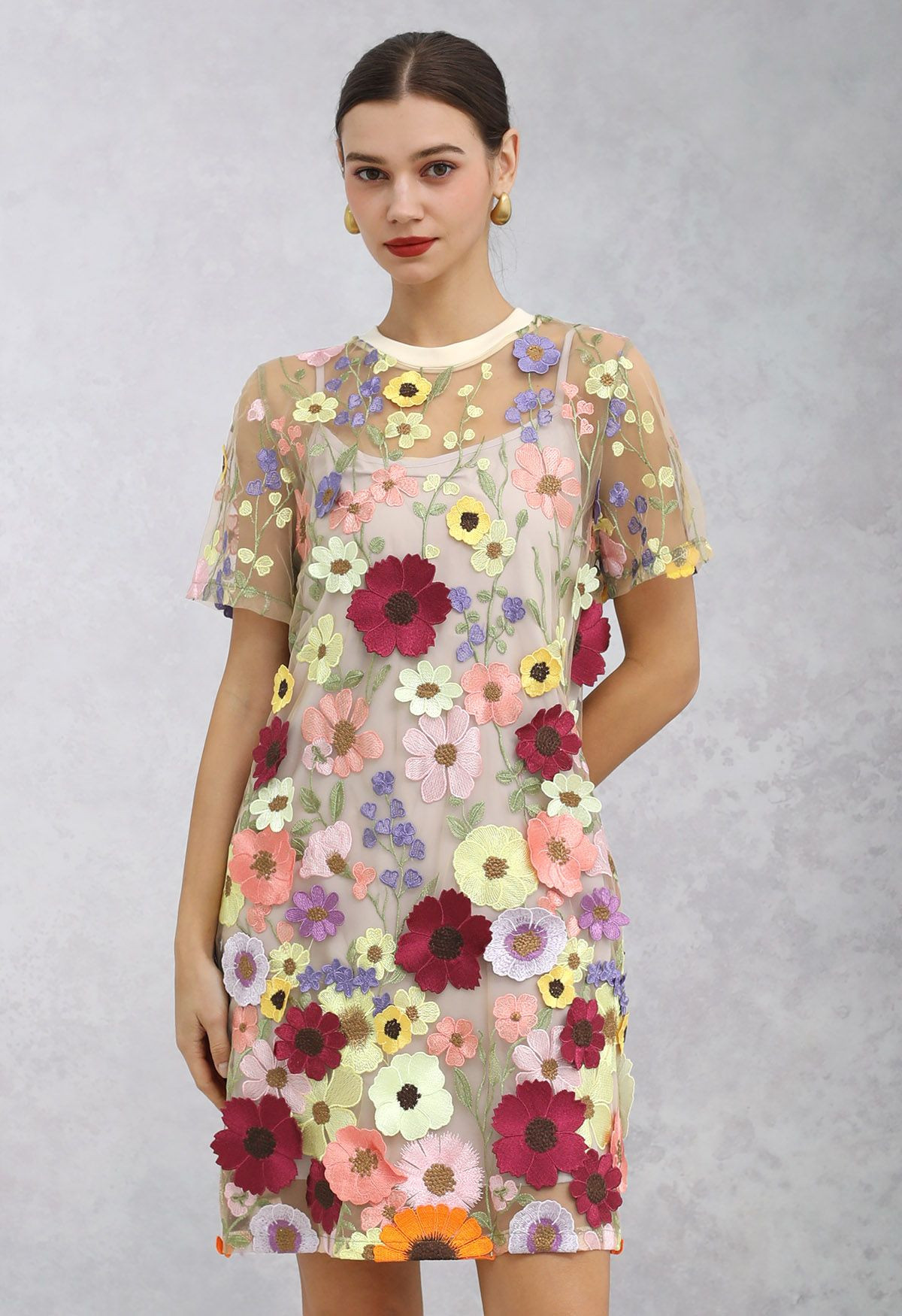 3D Floral Applique Sheer Mesh Cover-Up Dress in Apricot | Chicwish