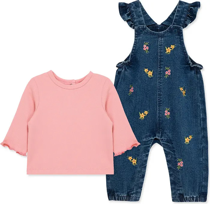 Little Me Floral Embroidered Overalls & Shirt Set | Nordstrom | Nordstrom