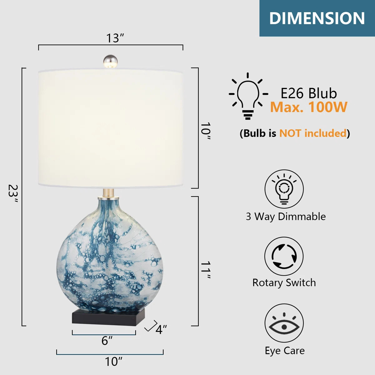 23.5" Modern Coastal Blue Glass Table Lamp with 3-Way Dimmable Lighting for Bedroom Living Room S... | Wayfair North America