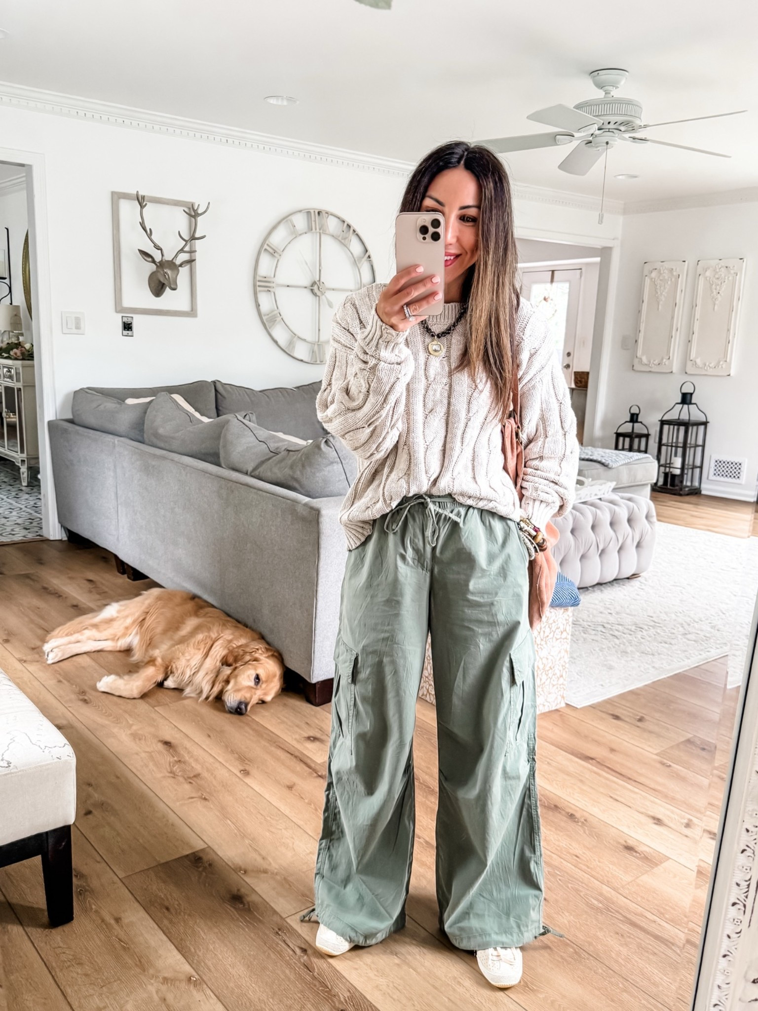 Cargo pants XS. Sweater small. Sneaker size down half. Jewelry code HOUSEOFLEO20. @ae American Eagle

#LTKOver40 #LTKPetite #LTKSaleAlert