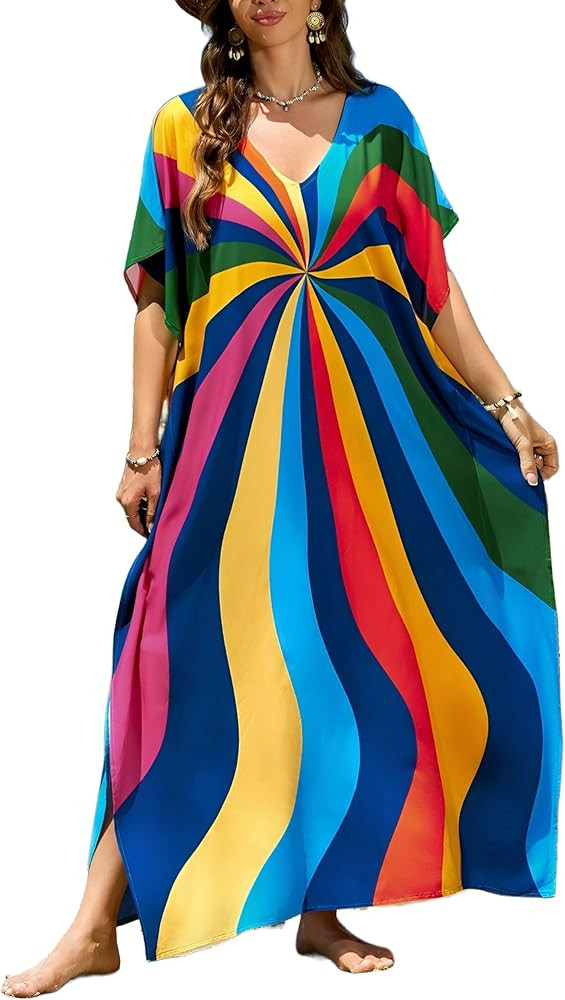 IMAGEKOPE Moroccan Print V-Neck Batwing Kaftan Women's Plus Size Loose Fit Beach Dress Bathing Su... | Amazon (US)