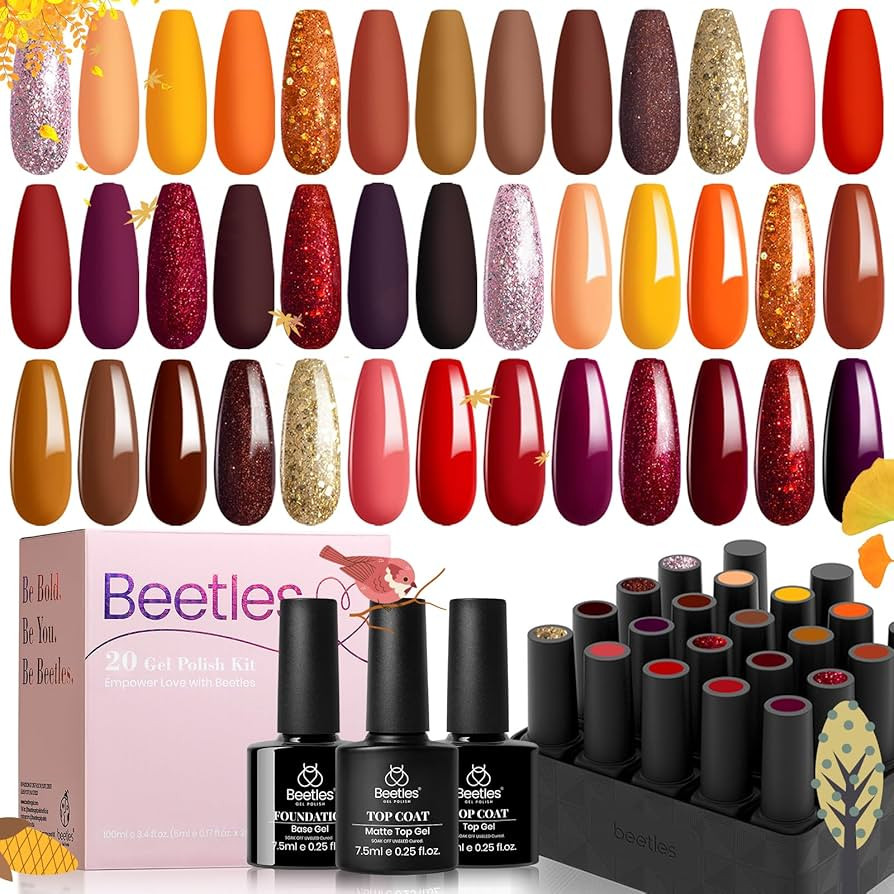 Beetles 23Pcs Gel Nail Polish Kit with Base Gel Top Coat, Full Maroon Gold Journey Yellow Red Gli... | Amazon (US)