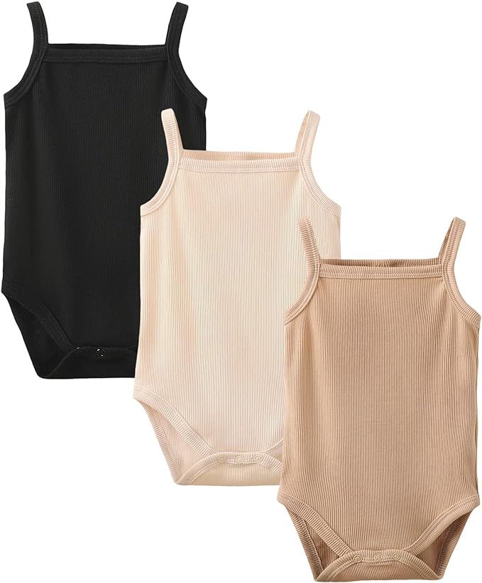 OPAWO Sleeveless Onsies for Baby Girls' Bodysuits 3 Pack Newborn Ribbed Spaghetti Strap Summer Ba... | Amazon (US)