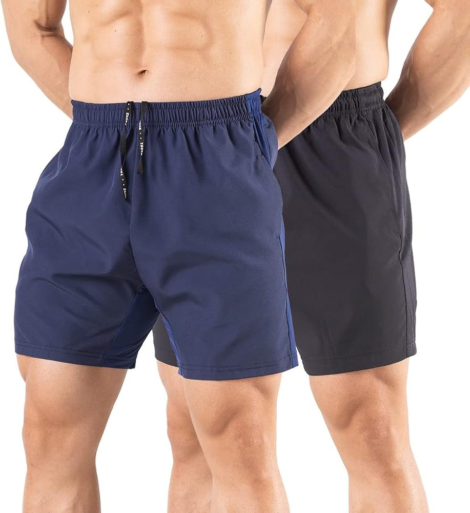 Men's 5" Running Shorts 2 Pack Quick Dry Athletic Workout Gym Shorts with Zipper Pockets | Amazon (US)
