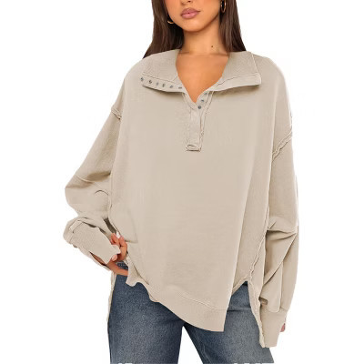 Women's Oversized Sweatshirt Casual Long Sleeve Button Henley Neck Pullover Tunic Tops Fall Fashion Outfits Apricot S | Target