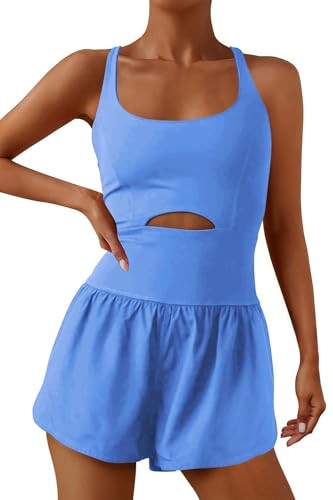 ReachMe Womens Running Onesie Workout Rompers Athletic Romper One Piece Outfits Exercise Jumpsuits Gym Yoga Clothes(Blue,S) | Amazon (US)