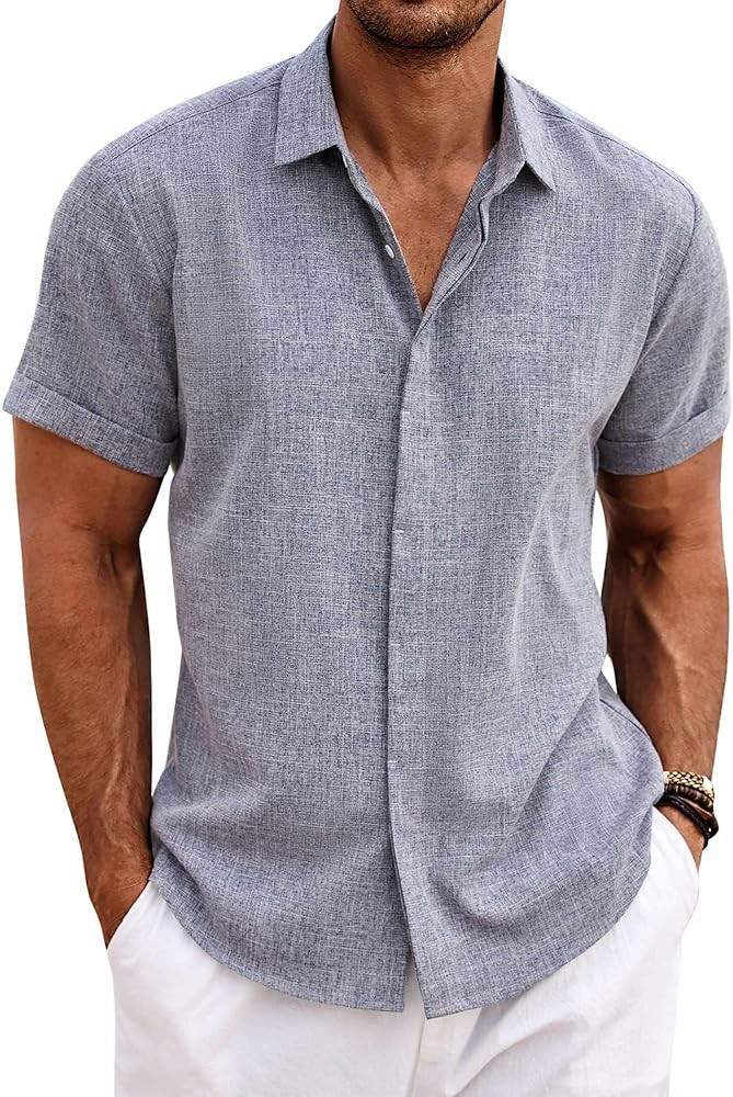 COOFANDY Men's Linen Shirts Short Sleeve Casual Shirts Button Down Shirt for Men Beach Summer Wed... | Amazon (US)