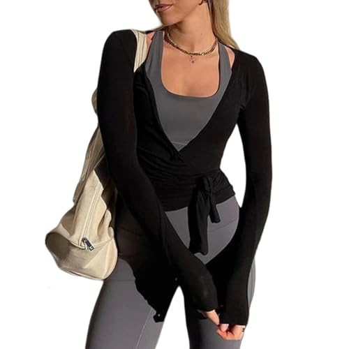 Women Wrap Top Long Sleeve Deep V Neck Cross Tie Workout Ballet Pilates Yoga Shirt Black S | Amazon (US)