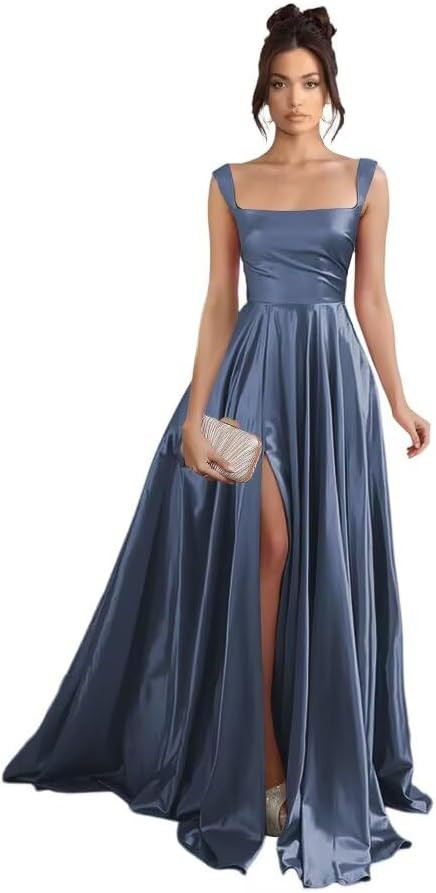 Stylefun Women's Satin A Line Prom Dresses with Slit Long Square Neck Formal Cocktail Party Dress... | Amazon (US)