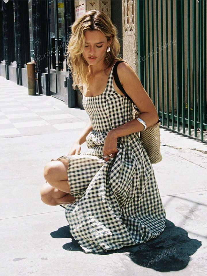 Casual Vintage Lazy Vibe Plaid A-Line Sleeveless Square Neck Drop Waist Dress For Summer Vacation | SHEIN