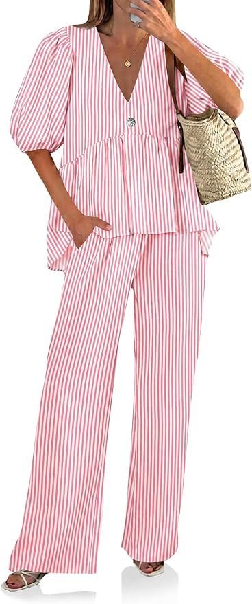 Tankaneo Womens 2 Piece Linen Sets Summer Vacation Outfits V Neck Puff Sleeve Babydoll Tops Wide ... | Amazon (US)