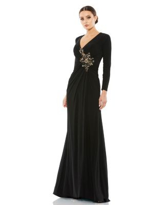 Women's Faux Wrap Long Sleeve Evening Gown with Applique Detail - Black | Macy's
