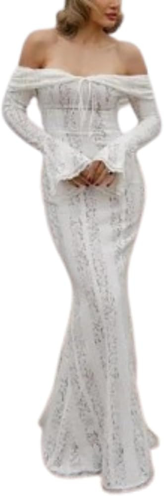 Lace Maxi Dress Off Shoulder Fishtail Dress Bell Sleeve Prom Dress Retro Cocktail Dress Semi Form... | Amazon (US)