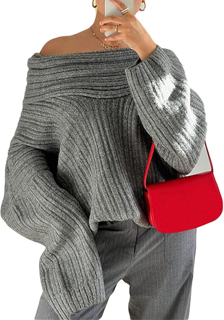 LETSVDO Women's Off The Shoulder Sweater Oversized Batwing Sleeve Knit Asymmetrical Chunky Slouch... | Amazon (US)