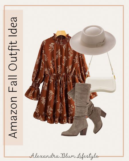 Cute Amazon fall outfit ideas! Wedding guest outfit idea! Knee high taupe boots! White saddle handbag, and wide brim fedora hat! Cute fall dress! 

#LTKSeasonal #LTKunder100 #LTKitbag