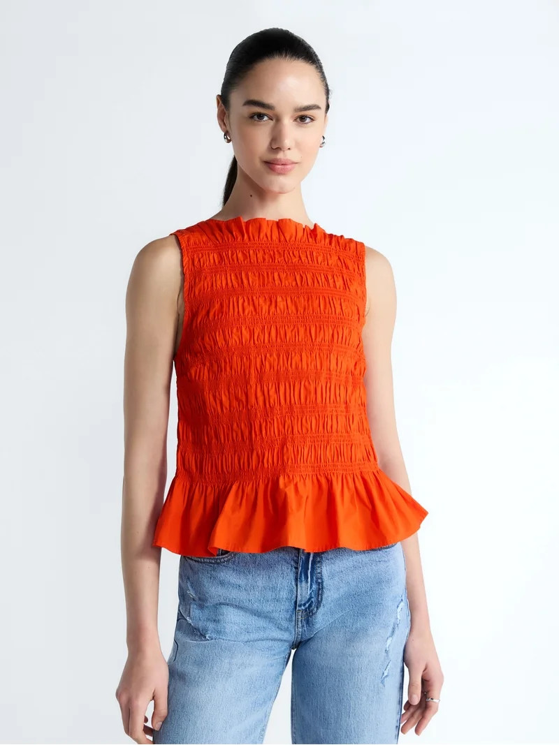 Free Assembly Women's and Women's Plus Smocked Peplum Sleeveless Cotton Top, Sizes X-4X | Walmart (US)