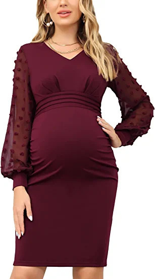 Maacie Maternity Bodycon Pencil Dress Mesh Contrast Long Sheer Sleeve Pom Pom Dress for Baby Show... | Amazon (US)