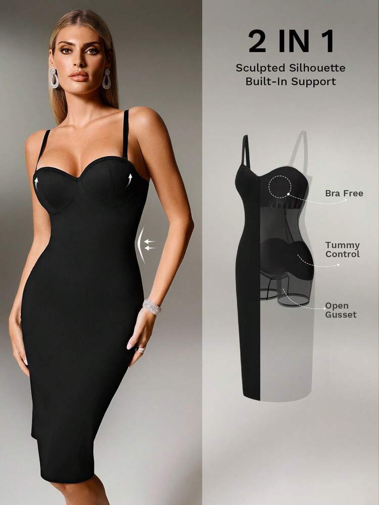 Nuvra Women's Sleeveless Low-Cut Double-Layer Tummy Control Shapewear Slip Dress With Lining, Waist Cinching, Butt Lifting, Mid-Length Body Shaper Dress Built In Bra Dress Bustier Dress Sexy Black Dress For Women Sexy Curve Dress Bandage Dress For Women 2026 New Women's Swimwear ArrivalFor School,Suitable For Holiday, Date, Afternoon Tea, Western, Cruise, Beach, Island, Road Trip, All Seasons, Music Festival, Boho Vacation,Bohemian Vacation, Chill Autumn ,Western Boho ,Elegant Tops For Women Shapewear Dress Sexy Midi Dress | SHEIN