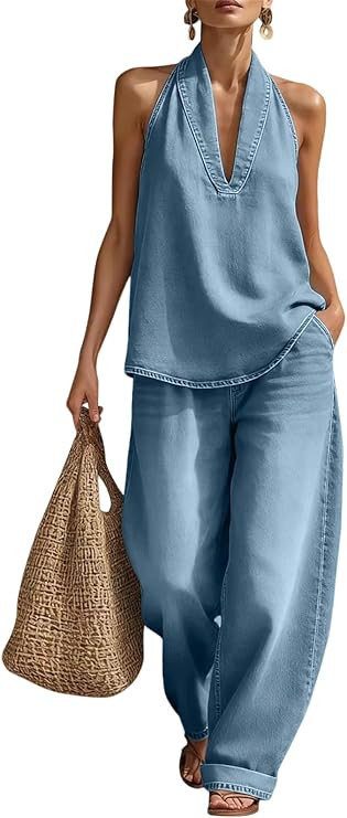 Women's 2 Piece Denim Outfits, Minimalist Halter Neck Top and High Waisted Wide Leg Pants Travel ... | Amazon (US)