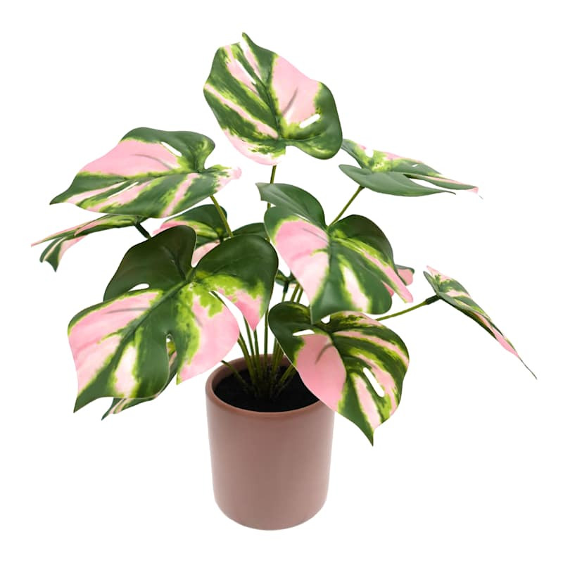 Pink Monstera Leaf Arrangement in Ceramic Pot, 12" | At Home