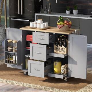 Grey Blue Rubber Wood Top 51.4 in. Kitchen Island with 3-Drawer, 2-Slide-Out Shelf, and Internal Storage Rack | The Home Depot