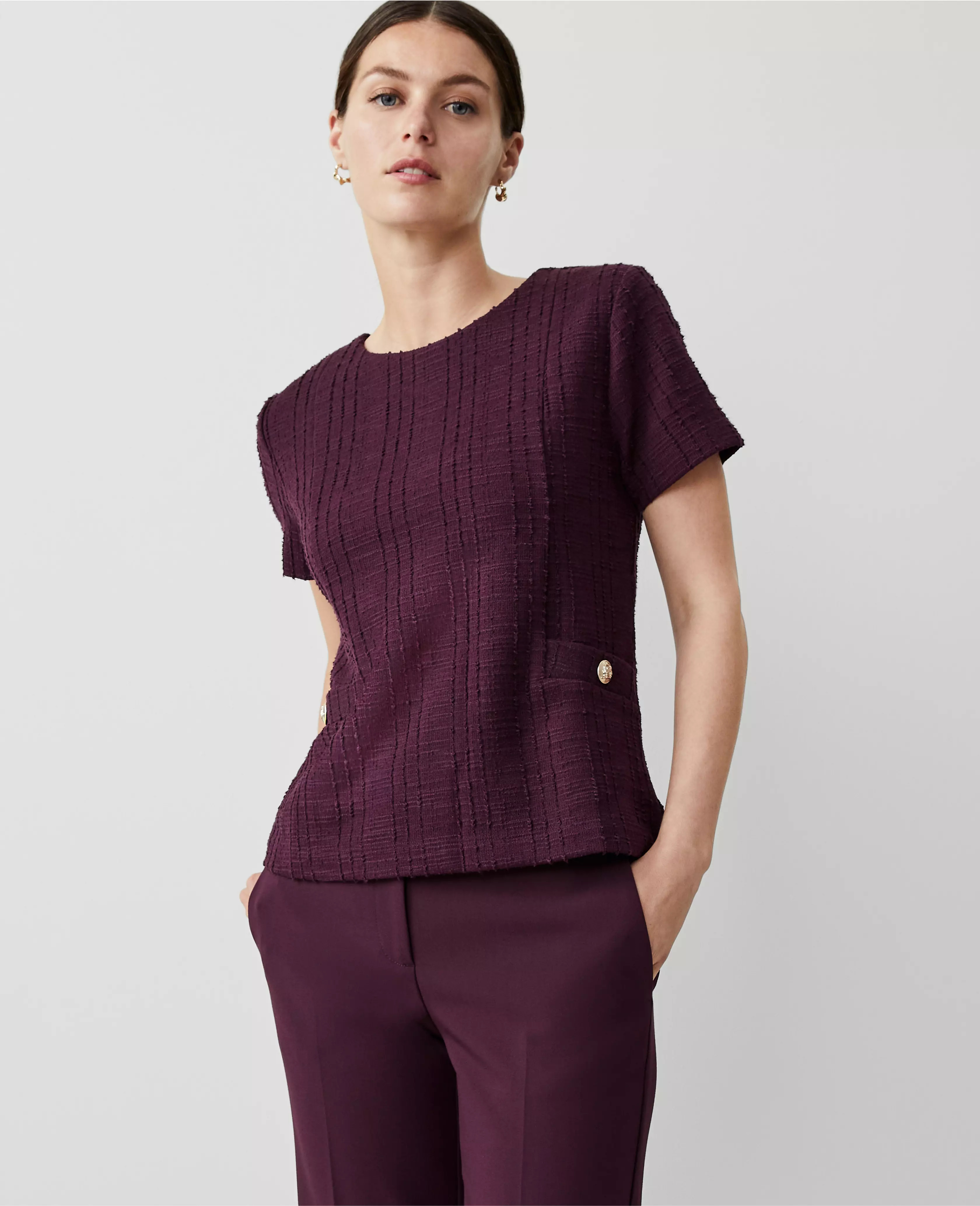 Petite Tweed Button Trim Tee | Ann Taylor (US)