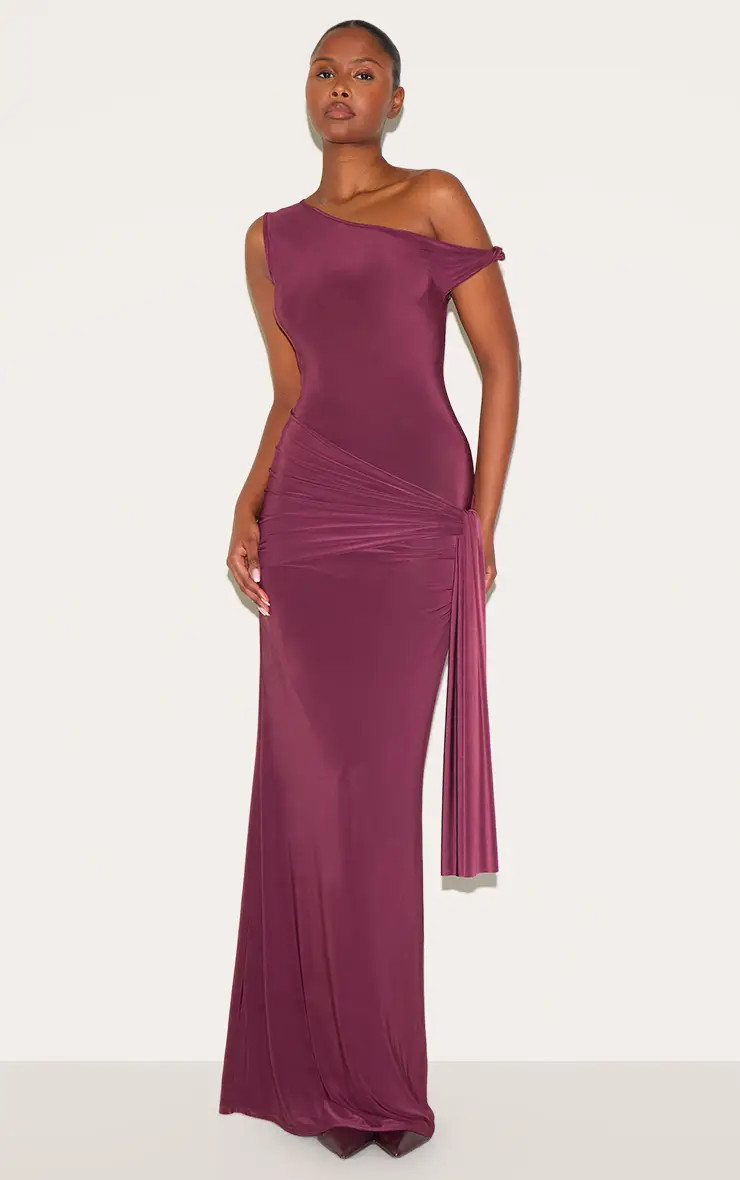 Plum Slinky Off Shoulder Wrap Detail Maxi Dress | PrettyLittleThing USA | PrettyLittleThing US
