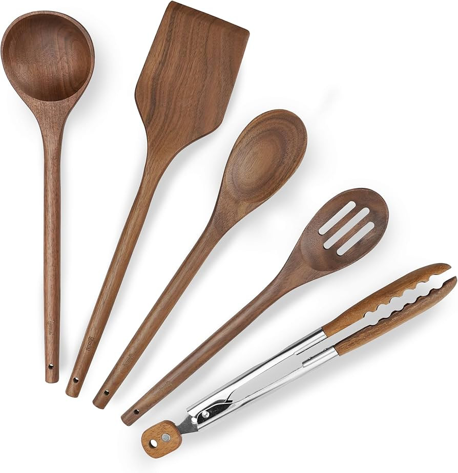Elegant 5-Piece Walnut Wood Kitchen Utensil Set – Non-Scratch, Heat-Resistant Cooking Utensil S... | Amazon (US)