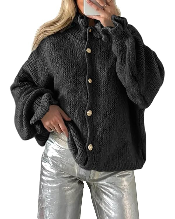 Saodimallsu Womens Ruffle Cardigan Oversized Button Up Fall Trendy Ribbed Knit Open Front Long Sl... | Amazon (US)