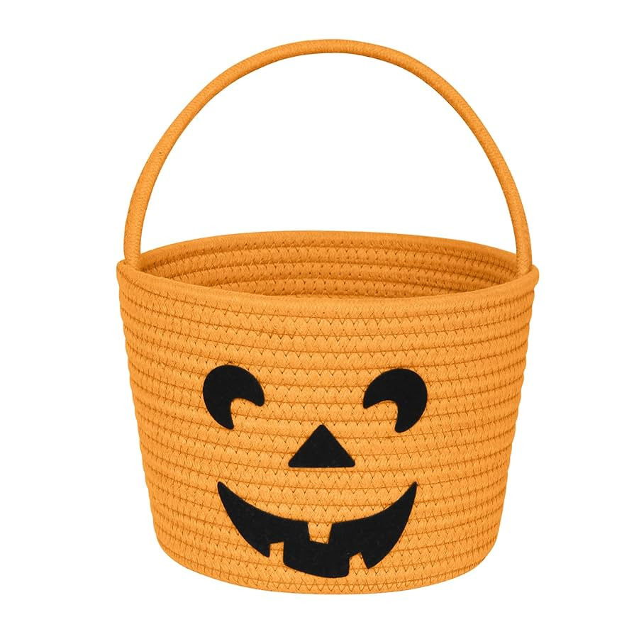 Halloween Pumpkin Basket for Kids, Trick or Treat Candy Bucket, Small Woven Boo Spooky Ghost Bask... | Amazon (US)