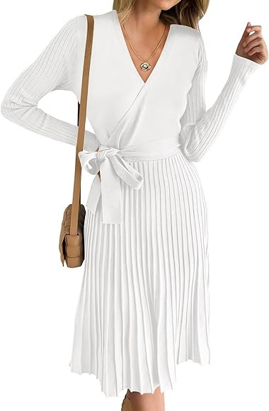 ANRABESS Women's 2023 Long Sleeve Sweater Dress Wrap V Neck Pleated Ribbed Knit A Line Belted Tie... | Amazon (US)