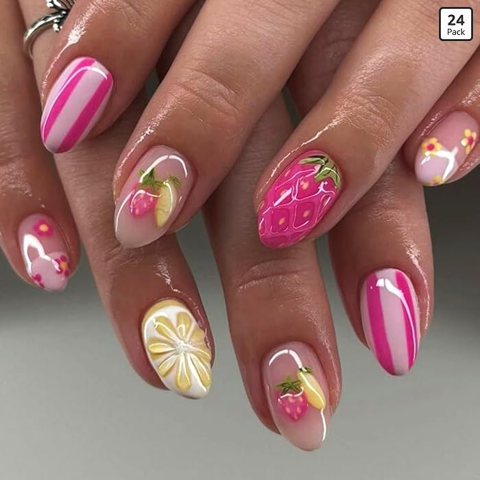 Press On Nails - Short Almond, Strawberry, Lemon, Striped | Amazon (US)
