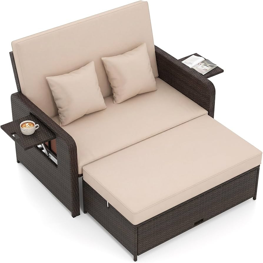 Tangkula Patio Rattan Daybed with 4-Level Adjustable Backrest, Outdoor PE Wicker Loveseat with St... | Amazon (US)