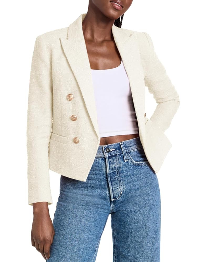 Cicy Bell Women Cropped Tweed Blazer Jackets Lapel Open Front Long Sleeve Business Suit Jackets w... | Amazon (US)