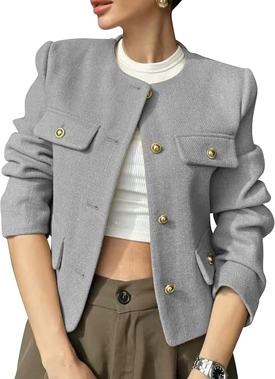 PEHMEA Womens Cropped Tweed Blazer Jackets Long Sleeve Button Down Business Casual Outfits with P... | Amazon (US)