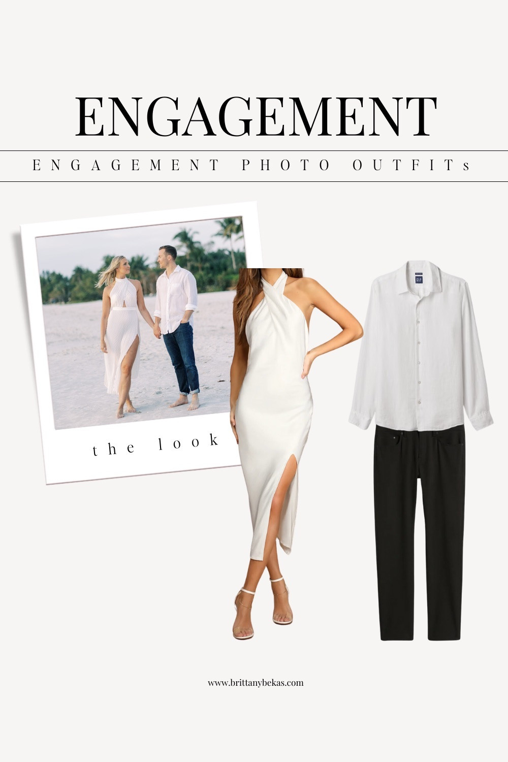 What to wear for a beach engagement session. This beach engagement session is super classic and timeless with a white dress and linen shirt and pant outfit  

White engagement dress. Rehearsal dinner dress. Men's linen shirt. Engagement photo outfits. Engagement pictures 