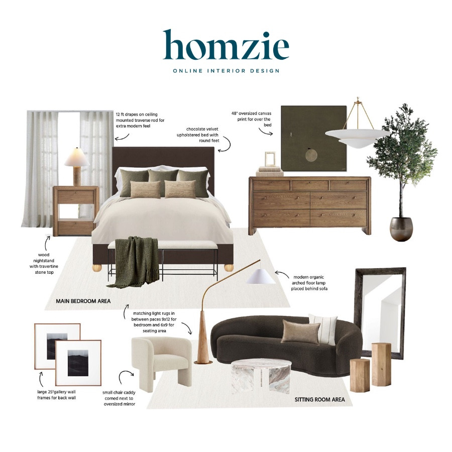 Modern moody bedroom design - upholstered bed, dresser, modern sofa, neutral rug 

#LTKHome #LTKFindsUnder100 #LTKSaleAlert