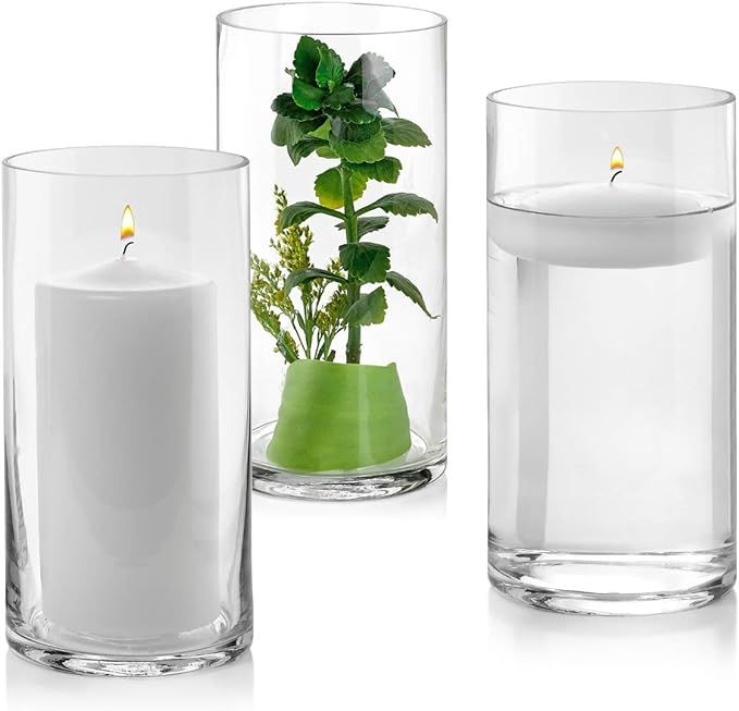 Set of 3 Glass Cylinder Vases 8 Inch Tall - Multi-use: Pillar Candle, Floating Candles Holders or... | Amazon (US)