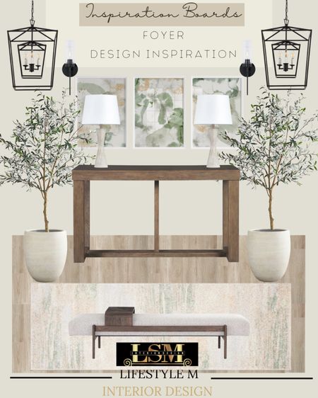 Foyer Design Inspiration. Recreate this look at home. Wood console table, wood upholstered bench, foyer runner, white tree planter pot, faux fake tree, table lamp, wall art, black wall sconce light, black lantern chandelier, wood floor tile.

#LTKFind #LTKhome #LTKstyletip