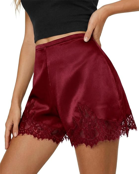 Cicy Bell Womens Satin Silk Lace Trim Shorts Low Rise Mini Pj Bottoms Y2K | Amazon (US)