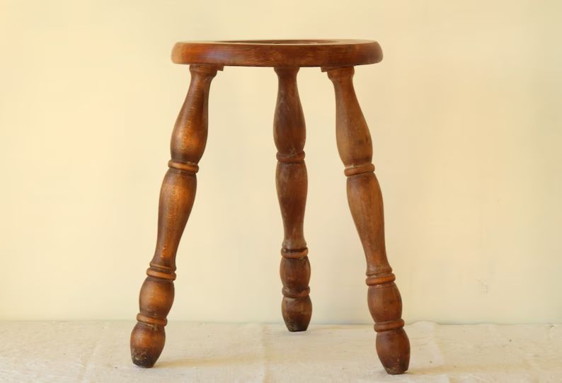 French Vintage Three-legged Turned Wooden Stool Rustic Oak - Etsy | Etsy (US)