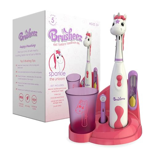 Brusheez Kids’ Electric Toothbrush Set - Safe & Effective for Ages 3+ - Parent Tested & Approved with Gentle Bristles, 2 Brush Heads, Rinse Cup, 2-Minute Timer, & Storage Base (Sparkle The Unicorn) | Amazon (US)